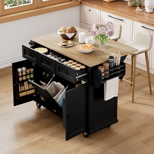 A ALFRESCOOL Kücheninsel mit Rollen, Ausziehbarer Essbereich Küchenschrank mit Abfalleimer und Schubladen, Mobile Speisewagen Ideal für Küche und Esszimmer (Schwarz) von A ALFRESCOOL