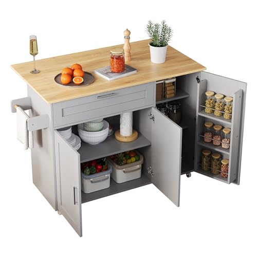A ALFRESCOOL Küchenwagen, Kücheninsel auf Rollen mit klappbarer Arbeitsplatte, Arbeitsplatte mit Eiche Maserung 132x 70 x 90 cm Großer Speisewagen Sideboard, für Küche/Essen (Grau) von A ALFRESCOOL