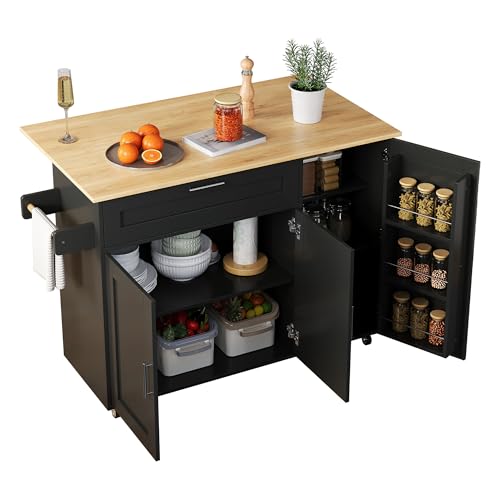 A ALFRESCOOL Küchenwagen, Kücheninsel auf Rollen mit klappbarer Arbeitsplatte, Arbeitsplatte mit Eiche Maserung 132x 70 x 90 cm Großer Speisewagen Sideboard, für Küche/Essen (Schwarz) von A ALFRESCOOL