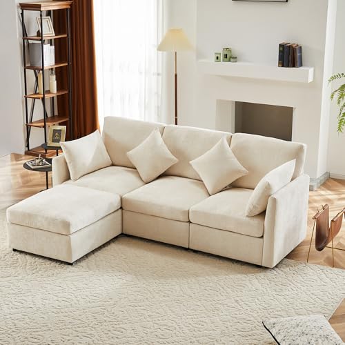 A ALFRESCOOL L-förmiges Ecksofa mit Fußhocker, Chenille-Stoffsofa, Dreisitzer-Sofa, Viersitzer-Sofa für Wohnungen, Wohnzimmer (Beige) von A ALFRESCOOL