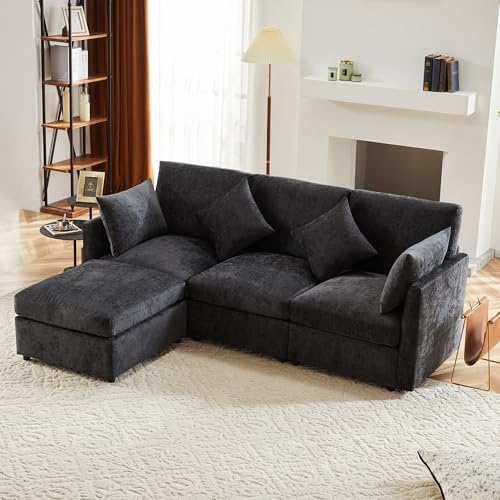 A ALFRESCOOL L-förmiges Ecksofa mit Fußhocker, Chenille-Stoffsofa, Dreisitzer-Sofa, Viersitzer-Sofa für Wohnungen, Wohnzimmer (Schwarz) von A ALFRESCOOL