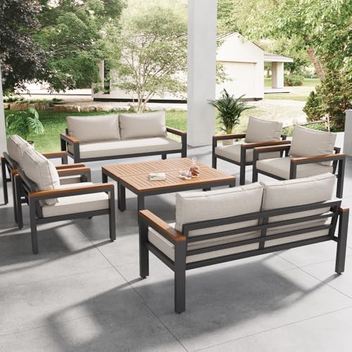 A ALFRESCOOL Loungeset, Gartenmöbel-Set mit Rahmen aus Verzinktem Stahl, (8-Teiliges Esstisch-Set, 2X 2-Sitzer-Sofa, 4X Einzelstühle, 2X Tisch), Akazienholz Tischplatte und Armlehnen（Beige） von A ALFRESCOOL