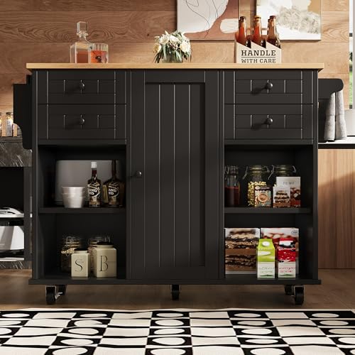 A ALFRESCOOL Moderne Kücheninsel (127×46×91,5cm) Küchenschrank Essschrank mit Holzmaserung Esswagen mit Multifunktionalem Stauraum und Herausnehmbaren Trennwänden, Schwarz von A ALFRESCOOL