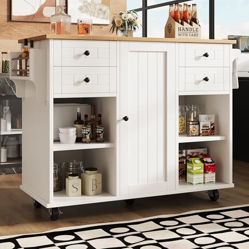 A ALFRESCOOL Moderne Kücheninsel (127×46×91,5cm) Küchenschrank Essschrank mit Holzmaserung Esswagen mit Multifunktionalem Stauraum und Herausnehmbaren Trennwänden, weiß von A ALFRESCOOL