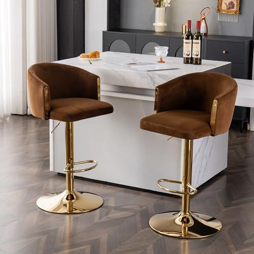 A ALFRESCOOL Moderner Drehbarer Höhenverstellbarer Barhocker, Moderner Barhocker für Küche, Bar und Restaurant Theken, Hubhocker mit Rückenlehne und Goldener Fußstütze (Braun.Set of 2) von A ALFRESCOOL