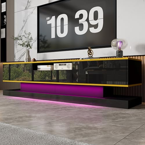 A ALFRESCOOL Moderner TV-Schrank mit DREI Schubladen und Einem Offenen Fach, Hochglanz mit Farbwechselnden LED-Leuchten, 180 * 38 * 45cm (Schwarz) von A ALFRESCOOL