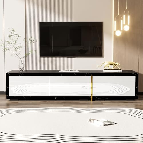 A ALFRESCOOL Moderner TV-Schrank mit Variabler Länge (140-260 cm), drehbarer Funktion, schwarzer Marmoroptik, weißem Hochglanz-Matt-Finish und goldenen Verzierungen von A ALFRESCOOL
