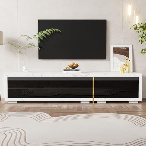 A ALFRESCOOL Moderner TV-Schrank mit Variabler Länge (140-260 cm), drehbarer Funktion, weißer Marmoroptik, schwarzem Hochglanz-Matt-Finish und goldenen Verzierungen von A ALFRESCOOL