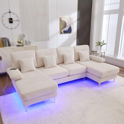 A ALFRESCOOL Sofa mit Schlaffunktion, U-Form Wohnlandschaft Eckcouch mit Abnehmbarem Bezug mit LED Ambientebeleuchtung & der USB-C, Ecksofa für Wohnzimmer & Schlafzimmer (BxTxH) 265x135x88cm(Beige) von A ALFRESCOOL