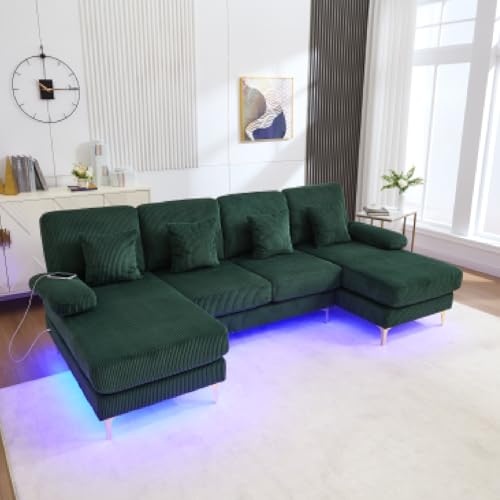 Sofa mit Schlaffunktion, U-Form Wohnlandschaft Eckcouch mit Abnehmbarem Bezug mit LED Ambientebeleuchtung & der USB-C, Ecksofa für Wohnzimmer & Schlafzimmer (BxTxH) 265x135x88cm(dunkelgrün) von A ALFRESCOOL