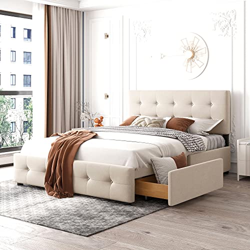A ALFRESCOOL Polsterbett, Doppelbett mit Schubladen, Lattenrost und Rückenlehne, Hautfreundliches aus Samtstoff für Erwachsene und Jugendliche, Matratze Nicht Enthaltet 140 * 200cm (Beige) von A ALFRESCOOL