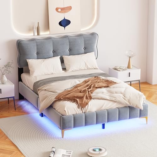 A ALFRESCOOL Polsterbett 140 x 200 cm, Jugendbett, Doppelbett mit LED-Leuchten mit Rückenlehne mit Lattenrost Samtstoff hohe Metallfüße Grau (Matratze Nicht im Lieferumfang enthalten) von A ALFRESCOOL
