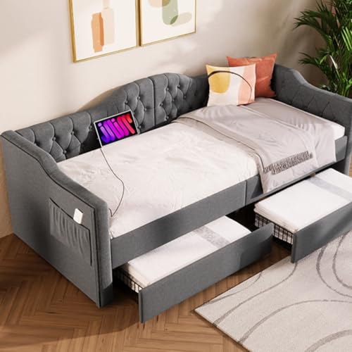 A ALFRESCOOL Polsterbett Daybett Schlafsofa Stauraumbetten Bettgestell mit USB Type C Ladefunktion und 2 Schubladen 90x190cm in Grau Linen (Ohne Matratze) von A ALFRESCOOL