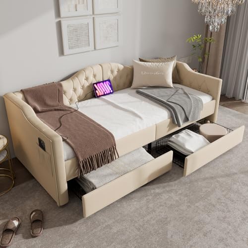 A ALFRESCOOL Polsterbett Daybett Schlafsofa Stauraumbetten Bettgestell mit USB Type C Ladefunktion und 2 Schubladen 90x200cm Samt in Beige Samt(Ohne Matratze) von A ALFRESCOOL