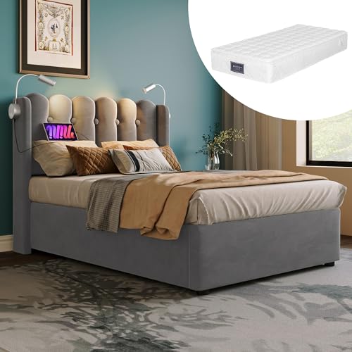 A ALFRESCOOL Polsterbett Einzelbett Leselicht mit Ladefunktion Kopfteil Stauraum Bettgestell Samt Jugendbett 90x200 mit lattenrost,Grau(Mit Matratze) von A ALFRESCOOL