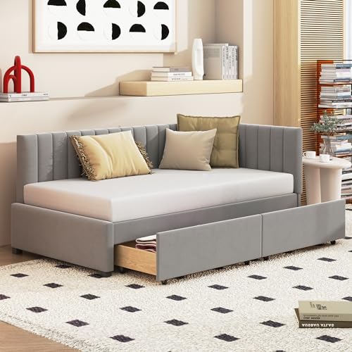 A ALFRESCOOL Polsterbett Schlafsofa 90 * 200 Multifunktionsbett mit 2 großen Stauraumschubladen und Lattenrost hautfreundlicher Samtstoff Grau von A ALFRESCOOL