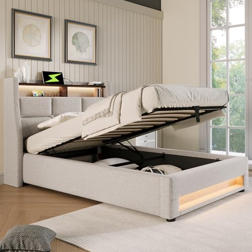 A ALFRESCOOL Polsterbett mit USB, LED Einzelbett mit Lattenrost aus Metallrahmen, Bettgestell aus Leinenmaterial Jugendbett Ohne Matratze, 90x200cm (Beige) von A ALFRESCOOL