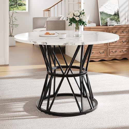 A ALFRESCOOL Runder Esstisch (100×100×76cm), Küchen-Esstisch, Runder Couchtisch für 4 Personen, für Esszimmer, Wohnzimmer, Stilvolle Tischbeine aus Metall, Tischplatte aus MDF-Marmor, Schwarz von A ALFRESCOOL