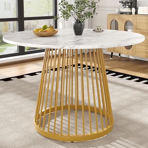 A ALFRESCOOL Runder Esstisch (80×80×76cm), Küchentisch, Runder Kaffeetisch für 4 für Esszimmer, Wohnzimmer,Tischbeine aus Metall,MDF marmorierte Tischplatte, Goldene Beine von A ALFRESCOOL