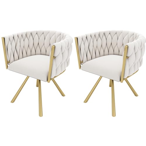 A ALFRESCOOL Samt-Esszimmerstuhl, 2er Set, einzelner Heller Luxus-Wohnzimmer-Schlafzimmer-Drehstuhl, Freizeit-Drehstuhl mit Vier Stützbeinen aus Metall,Beige und Gold von A ALFRESCOOL