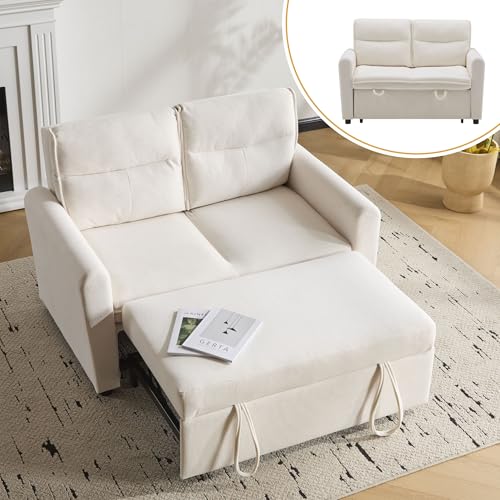 A ALFRESCOOL Schlafsofa 2-Sitzer Ausziehbar mit Verstellbarer Rückenlehne, I-Form Couch mit Schlaffunktion, Faltbares Schlafsofa für Wohnzimmer & Schlafzimmer, Beige von A ALFRESCOOL