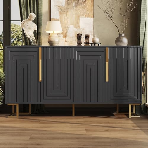 A ALFRESCOOL Sideboard, Aufbewahrungsschrank, Einzigartiger Linie Design und Goldene Griffe und Füße, Buffetschrank mit Arbeitsplatte für Esszimmer, Wohnzimmer Schwarz (152 x 40 x 75 cm) von A ALFRESCOOL