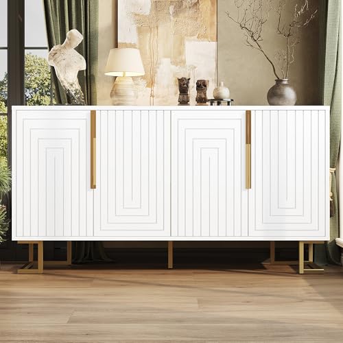 A ALFRESCOOL Sideboard, Aufbewahrungsschrank, Einzigartiger Linie Design und Goldene Griffe und Füße, Buffetschrank mit Arbeitsplatte für Esszimmer, Wohnzimmer Weiß (152 x 40 x 75 cm) von A ALFRESCOOL