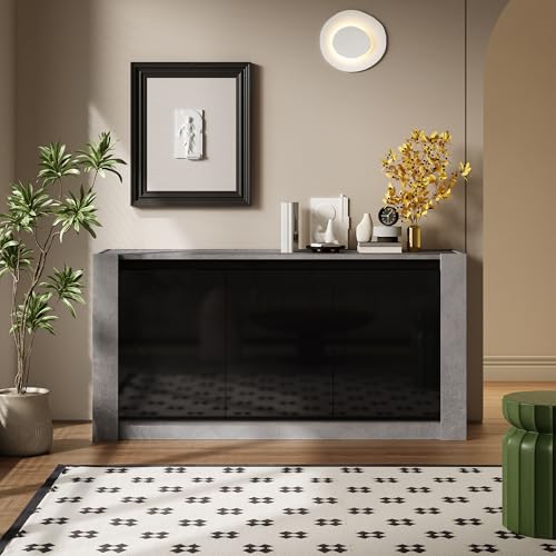 A ALFRESCOOL Sideboard, Hochglanz Farblich Passender Kabinett, Griffloses Design, mit Dämpfungsscharnieren und Verstellbaren Einlegeböden（Schwarz+Grau） von A ALFRESCOOL