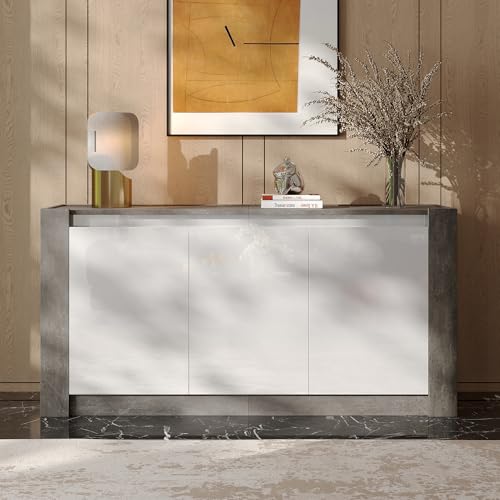 A ALFRESCOOL Sideboard, Hochglanz Farblich Passender Kabinett, Griffloses Design, mit Dämpfungsscharnieren und Verstellbaren Einlegeböden（Weiß+Grau） von A ALFRESCOOL