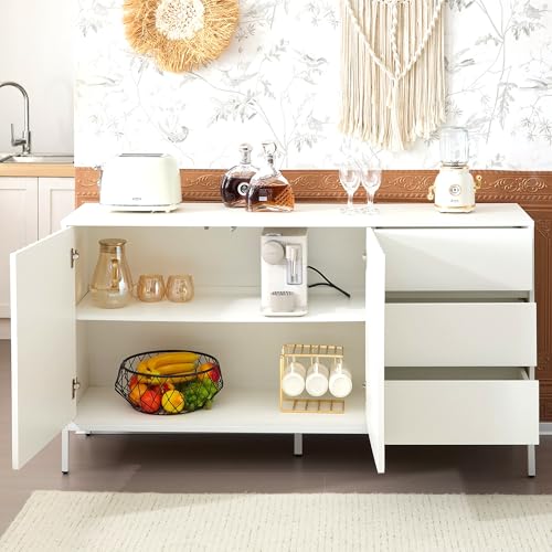 A ALFRESCOOL Sideboard, Küchenschrank, Aufbewahrungsschrank, Wellenmuster-Design, Verstellbare Einlegeböden, 3 Schubladen und 2 Türen, für Küche, Wohnzimmer, Korridor, 150x40x79cm (Weiß) von A ALFRESCOOL