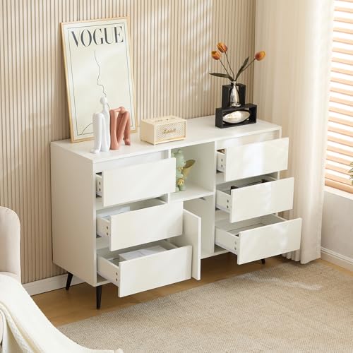 A ALFRESCOOL Sideboard, Küchenschrank, Aufbewahrungsschrank, mit LED-Beleuchtung, 6 Schubladen und 2 Türen, Mattschwarzen Metallbeinen, für Küchen, ESS-und Wohnbereiche, 120x40x80 cm (Weiß) von A ALFRESCOOL