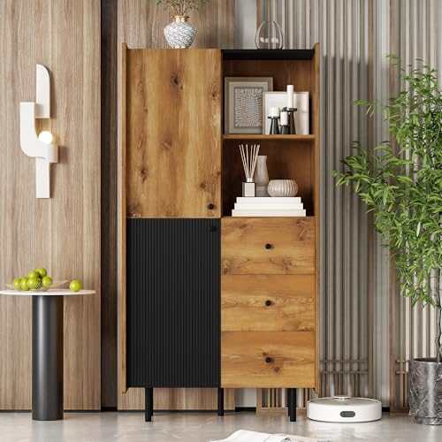 A ALFRESCOOL Sideboard - 160 cm hoch, modernes Sideboard mit Zwei Türen, DREI Schubladen und offenen Regalen von A ALFRESCOOL