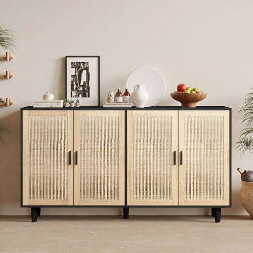 A ALFRESCOOL Sideboard mit verstellbaren Ablagen, Modernen Kommode mit 4 Türen, Rattan TV-Tisch mit viel Stauraum für Esszimmer, Wohnzimmer & Schlafzimmer, 158x40x88cm, Easy Assembly Schwarz von A ALFRESCOOL