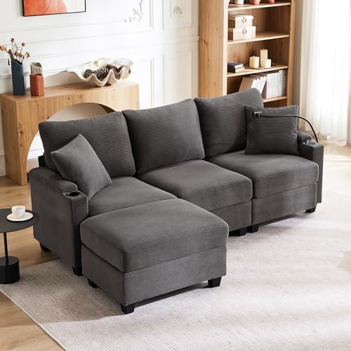 A ALFRESCOOL Sofa 3 Sitzer, Sofa L Form mit Schlaffunktion, Schlafcouch, Getränkehalter, USB-Ladegerät, Armlehnenablage und 2 Kissen, für Wohnzimmer/Büro/Wohnung, 213.5 * 139 * 87cm (Dunkelgrau) von A ALFRESCOOL