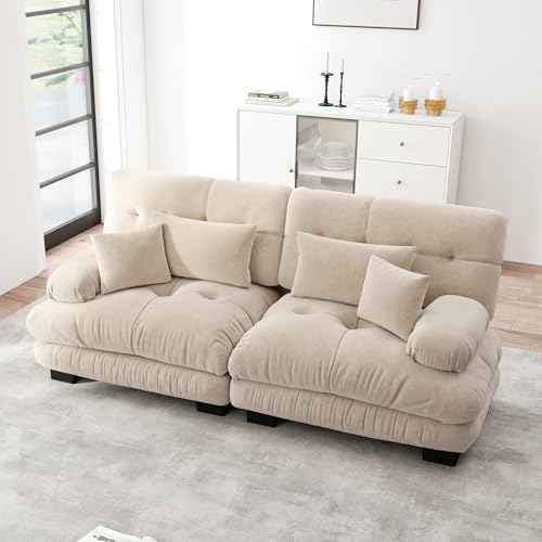 A ALFRESCOOL Sofa mit Schlaffunktion, Sofa 2 Sitzer, Cloud Ecksofa für Wohnzimmer, Chenille Doppelsofa mit 2 Lendenkissen und 2 Dekokissen, Massivholzrahmen (Braun) von A ALFRESCOOL