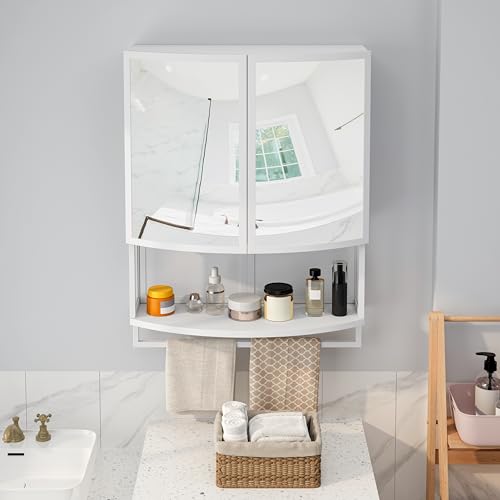 A ALFRESCOOL Spiegelschrank, Spiegelschrank Bad, Doppeltür aus Glas mit Bruchsicherem Spiegel Ohne Glas, Doppellagiger Aufbewahrung, Offenem Regal und Handtuchhalter, 60×22.5×80cm (Weiß) von A ALFRESCOOL