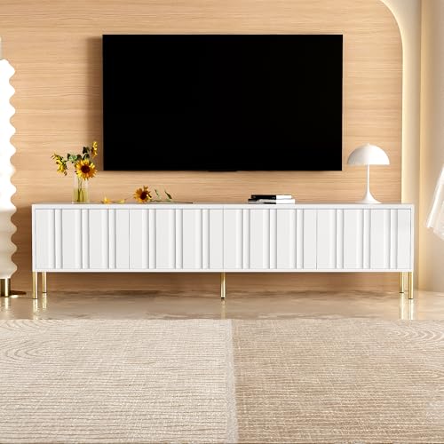 A ALFRESCOOL Weißes TV-Schrank, 190 cm lang x 38 cm breit x 48 cm hoch, goldene Tischbeine, gerilltes Türdesign von A ALFRESCOOL