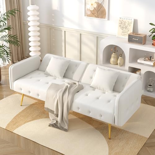 A ALFRESCOOL Sofa mit Schlaffunktion, Sofa 2 Sitzer, Schlafsofa Klein, Veloursbezug, Verstellbarer Rückenlehne + mehrstelligen Armlehnen, Faltsofabett für Wohnzimmer (Weiß) von A ALFRESCOOL