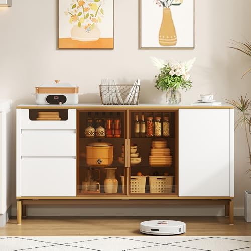 Elegantes Sideboard 150Lx40Bx80H cm, weiß, Arbeitsplatte aus Marmor, goldene Zierleiste - Moderner Stauraumschrank mit Glas- und Holzfächern von A ALFRESCOOL