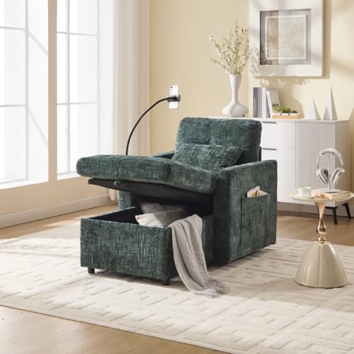 A ALFRESCOOL Schlafsessel mit Bettfunktio, Relaxsessel mit Liegefunktion, Chenille, Handyhalterung und Seitentasche, Großer Stauraum für Wohnzimmer Schlafzimmer Kleiner Haushalt(Smaragdgrün) von A ALFRESCOOL