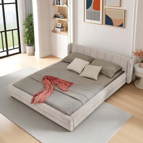 Polsterbett 140x200cm Doppelbett mit gepolsterter Chenille Rückenlehne Robustes Gestell aus Eukalyptusholz & Metall Einfache Montage Beige von A ALFRESCOOL