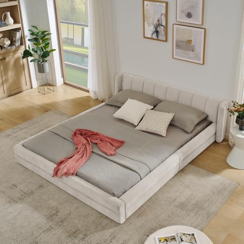 Polsterbett 160x200cm Doppelbett mit gepolsterter Chenille Rückenlehne Robustes Gestell aus Eukalyptusholz & Metall Einfache Montage Beige von A ALFRESCOOL