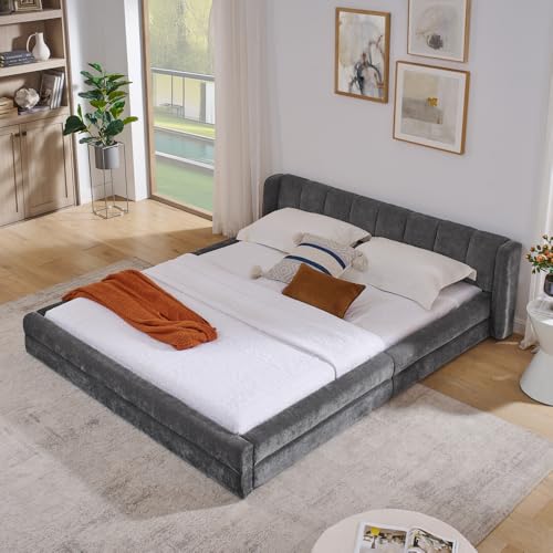 Polsterbett 160x200cm Doppelbett mit gepolsterter Chenille Rückenlehne Robustes Gestell aus Eukalyptusholz & Metall Einfache Montage Dark Gray von A ALFRESCOOL