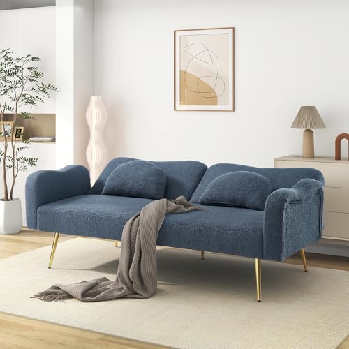 A ALFRESCOOL Sofa mit Schlaffunktion, Sofa 2 Sitzer, Schlafsofa Klein, Veloursbezug, Verstellbarer Rückenlehne + mehrstelligen Armlehnen, Faltsofabett für Wohnzimmer (Blau) von A ALFRESCOOL