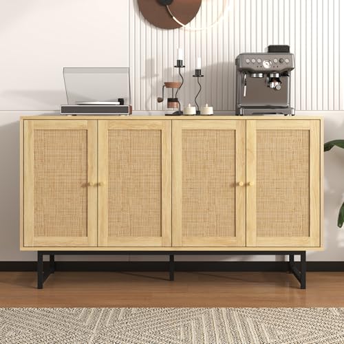 Sideboard mit Verstellbaren Ablagen, Modernen Kommode mit 4 Türen, Rattan TV-Tisch mit viel Stauraum für Esszimmer, Wohnzimmer & Schlafzimmer, 140x39,5x80cm, Easy Assembly Holzfarbe von A ALFRESCOOL