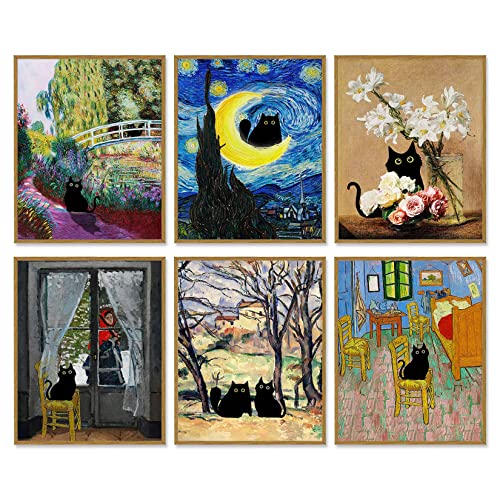 Kat Dekor Poster Leinwanddrucke 8x10 Zoll Ungerahmter Satz von 6 Lustige Poster Van Gogh Kunstdrucke auf Leinwand Badezimmer Wall Art Decor von A ART·ZONE