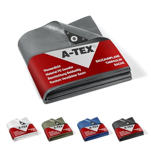A-TEX® Bauzaunplane 140g/m² (Grau, 1,76 x 3,41 m) I Farbe & Größe wählbar I Für Standardmaß Bauzaun I Wasserdicht & Blickdicht I Abdeckplane m. Ösen I Reißfest | UV-stabilisiert von A-TEX