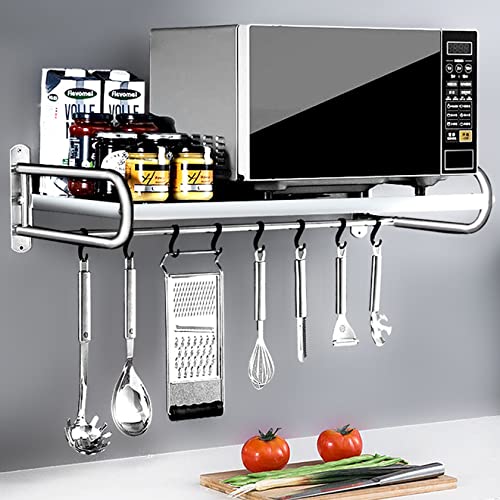 Mikrowellen Regale Mikrowellenhalterung Wandregal Küche Wandhalterung mit 8 Haken Edelstahl Mikrowellen Halter Hängend Küchenregal Wand Hängeregal für Grillofen, Backofen Microwave Oven Shelf, Silber von A TING