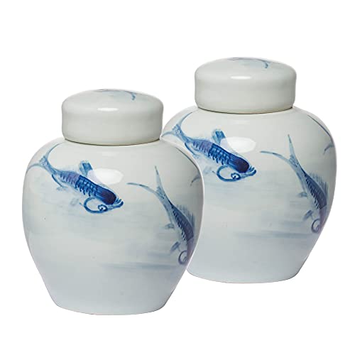 A&B Home Koi Deckel, klein, Glas, 2er-Set, 100% Keramik, blau/weiß, 6.5x6.5x7.9 inches von A&B Home