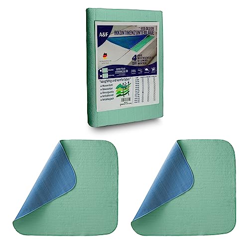 A&F Inkontinenzauflage 100x150 (2er Pack) - 4 Schichten - Bis 26280ml/m² Saugkraft -Krankenunterlage waschbar - Inkontinenzunterlage waschbar - Matratzenauflage geeignet für Babybett und Kinderbett von A&F